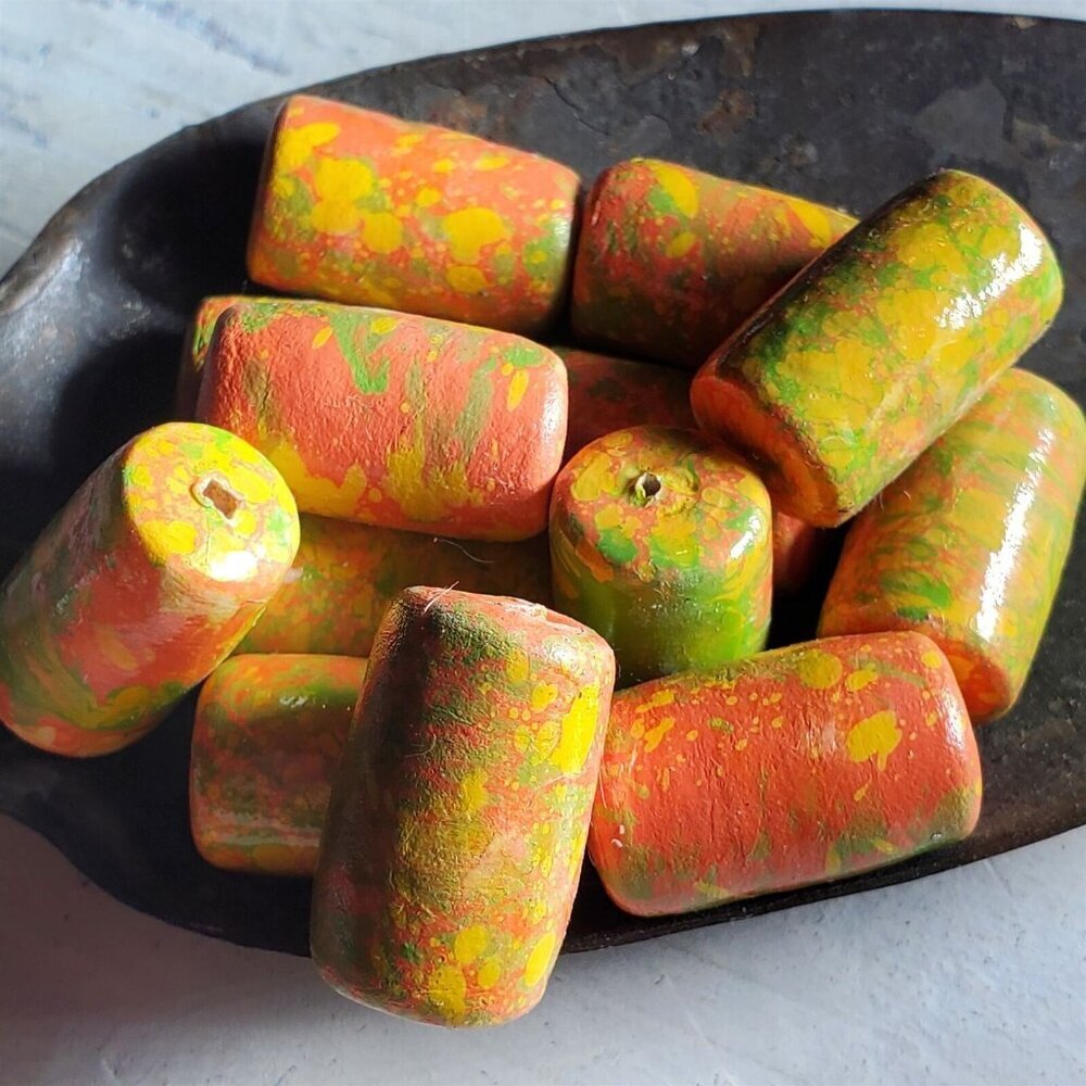 Vintage Japanese Mottled Decoupage Beads Coral Pink Cream Green 22mm Tube 4pcs